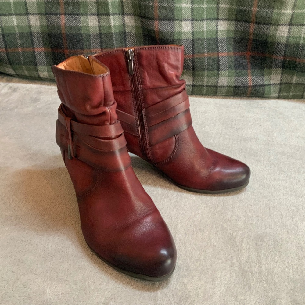 Pikolinos Womens Oxblood Red Leather Slouch Ankle Boots Strappy Heel Size 38 7.5